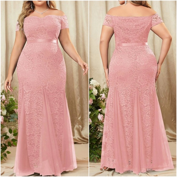 Plus Floral Lace Off Shoulder Formal Evening Wedding Maxi Dress - Picture 10 of 10